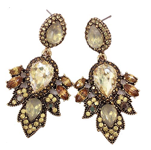 Large Art Deco Antique Vintage Style Yellow Amber Gold Citrine Honey Bridal Bridesmaid Wedding Prom Pageant Drag Queen Statement Earrings