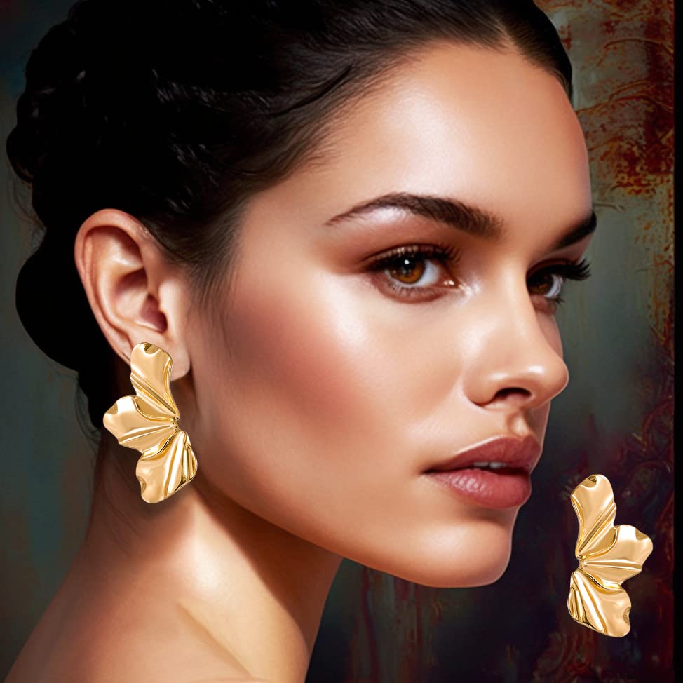 Gold Flower Earrings 14K Gold Plated Flower Dangle Drop Irregular Sparkling Dainty Earrings for Women Gift, Exaggerated Statement Earrings Punk Gold Jewelry2