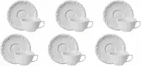 Estojo com 6 Xícaras Chá com Pires sem Pé em Porcelana - Modelo Redondo com Relevo Pomerode - Branca - fabricado pela Schmidt