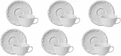 Estojo com 6 Xícaras Chá com Pires sem Pé em Porcelana - Modelo Redondo com Relevo Pomerode - Branca - fabricado pela Schmidt