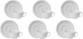 Estojo com 6 Xícaras Chá com Pires sem Pé em Porcelana - Modelo Redondo com Relevo Pomerode - Branca - fabricado pela Schmidt