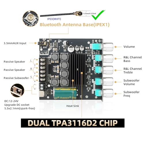 Image of DAJUNGUO ZK-TB21 Power Amplifier Board Bluetooth5.1 TPA3116 Chip with Subwoofer 2.1 Channel 50WA-2+100W, DC 12-24V Bluetooth and AUX Inputs