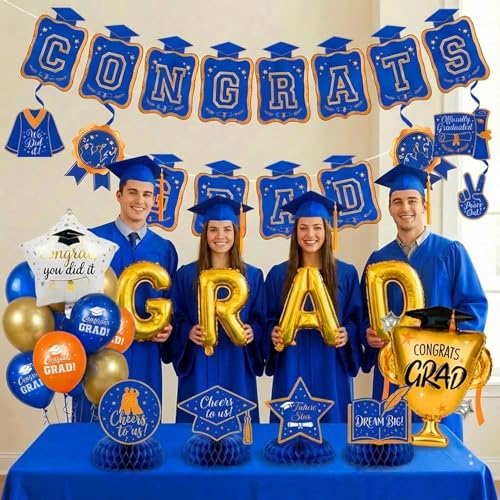 Image of Blue Orange Gold Balloons GRAD Print Balloons with Banner Table Honeycomb Centerpieces Hanging Swirl star GRAD Letters Mylar Balloons for 2026 graduate Prom Decorations