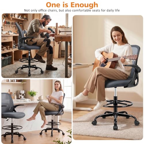 Image of Drafting Chair Tall Office Chair with Flip-up Armrests, Adjustable Height, Enhanced Lumbar Support Ergonomic Rolling Stool, Back Support, Adjustable Foot Rest Ring for Standing Desk Dark Gray