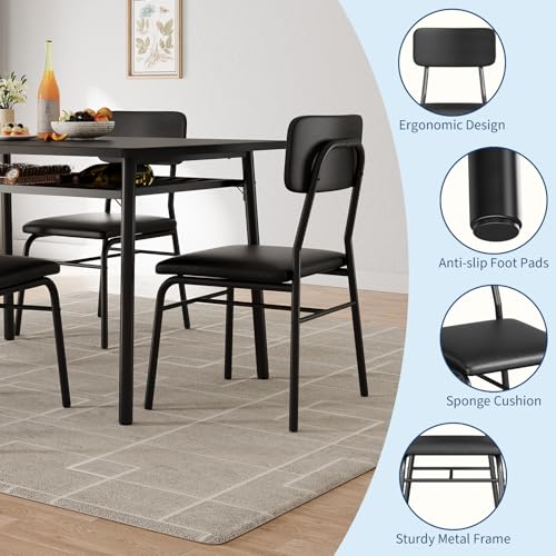 GarveeHome Dining Table Set for 4 with Storage Rack, 5-Piece Kitchen Table and Upholstered Chairs of 4, Wood Tabletop & Heavy-Duty Metel Frame, Dining Room Set for Small Space, Apartment, Black