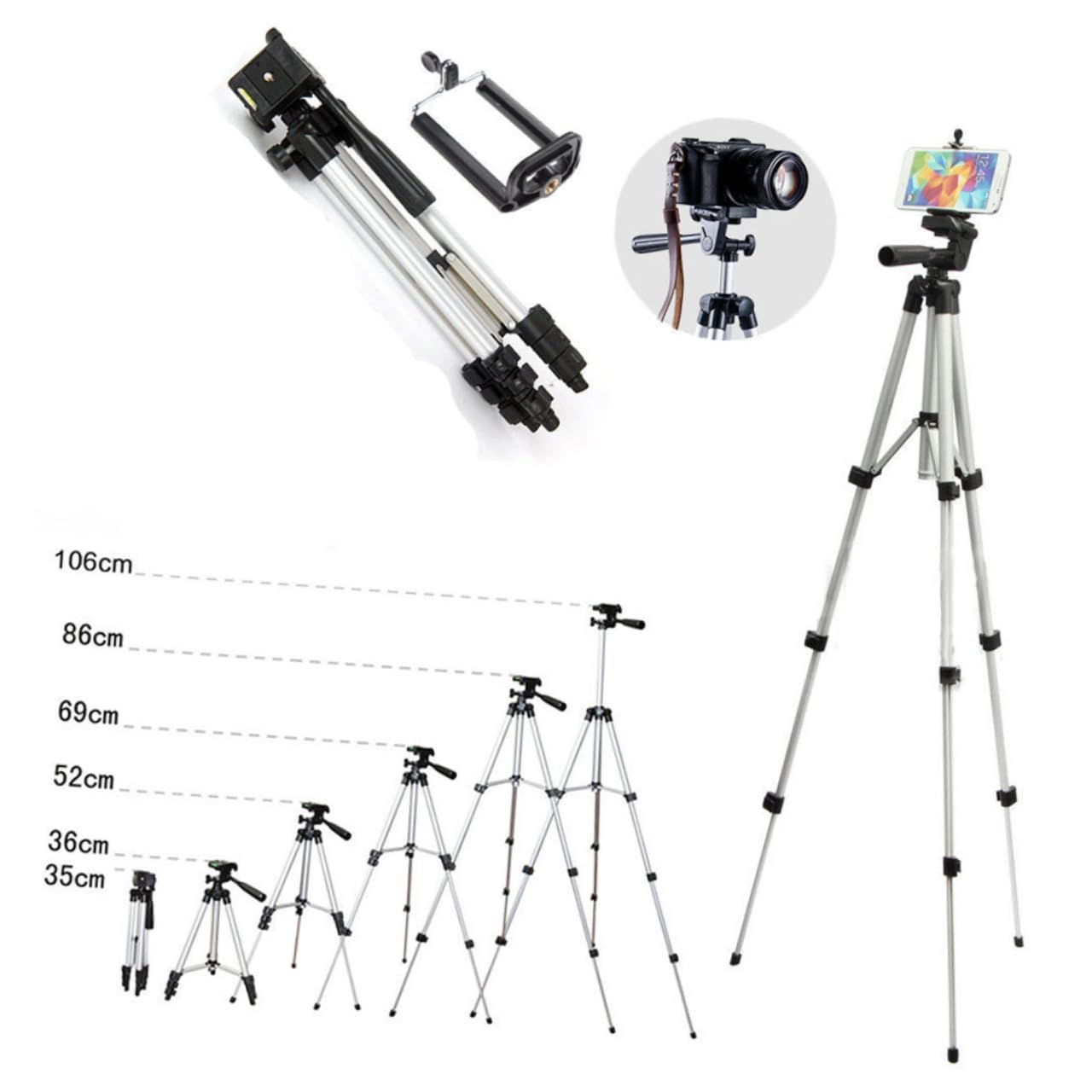 Treppiede per Smartphone e Fotocamera con Testa 360° e 1/4 | Argento, Lega di Alluminio e Abs, 3 Sezioni con Regolazione a 4 Snodi, Portata Massima 2kg