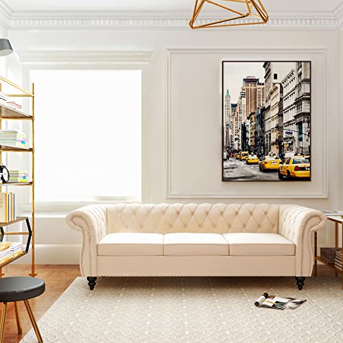 Image of QHITTY Accent Large Sofa, Chesterfield Couch 3 Seater Modern Velvet Couch Upholstered Sofa with Tufted Back for Living Room Furniture (Beige)