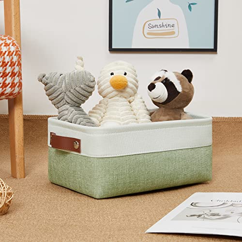 Image of DULLEMELO Small Storage Basket, Fabric Collapsible Gift Storage Basket for Shelves, Closets, Nursery, Home, Office Organizing, Small Canvas Linen Rectangular Storage Bin with Handles (White&Green)