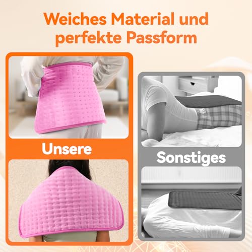 Heizkissen mit Abschaltautomatik, 30x60 cm Wärmekissen Elektrische mit 4-Stunden-Timer und 6 Heizstufen, Heating Pad mit Digitaler Fernbedienung, Waschmaschinenfest Heizkissen Rücken Rosa