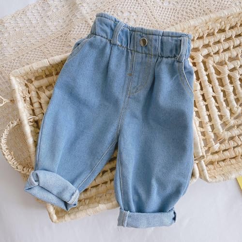 Little Girl Barrel Jeans Solid Casual Button Front Elastic Waist Long Jeans Straight Ankle Clothes for Girls 10-123