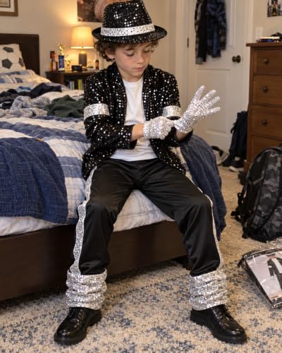 ADJSYDD Kids Dance Star Halloween Costume Boys Black Sequin 80s Pop Stage Outfits 4-5T - image 5