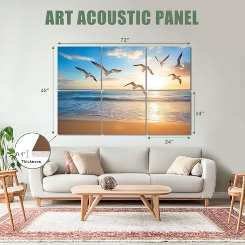 6 Pack Paneles Acústicos Artísticos Antirruido con Imagen de Gaviotas en Playa, 72"x48" miniatura 2