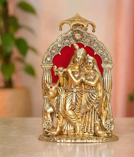 Image of KridayKraft Metal Radha Krishna Idol with Cow Decorative Showpiece Statue for Puja Room Home Office Desk Gift Items Ornate Metal Sculpture of Hindu Deities (Height 33 CM)