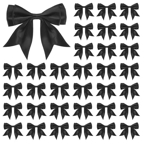 M METERXITY 50-Pack Double-Deck Pre Tied Bows 3.6x2.2 Inch Checkered Fabric Pre Satin Ribbon Bows Boutique for Craft DIY/Treat Bags/Hair Bow Sewing/Wedding/Party/Christmas [Black]