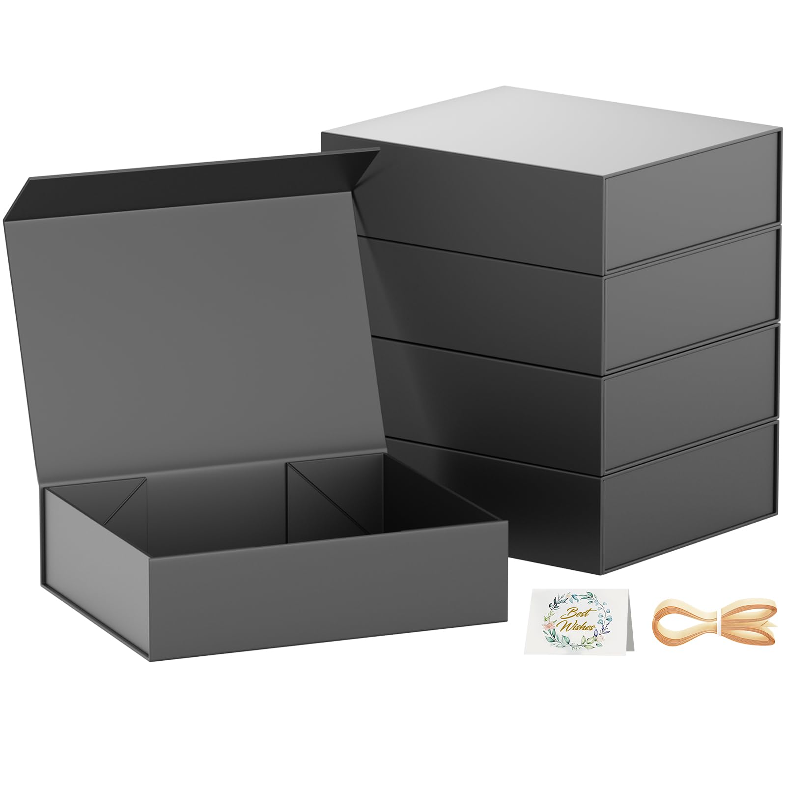 PSHVYM Gift Boxes with Lids, 11.5x7.8x3 In Black Gift Box for Presents Magnetic Closure for T-Shirts, Gloves, Scarves, Books, Baby Clothes, Clothing Gift Wrap, Contains Card, Ribbon (5PACK)