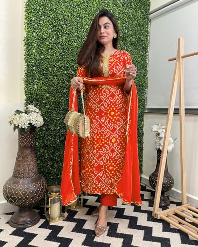 Image of GoSriKi Viscose Printed Straight Kurta with Pant and Dupatta for Women | Viscose Wine | 3 /4 Sleeve | Round Neck V-Slit | Ethnic Wear Casual Wear