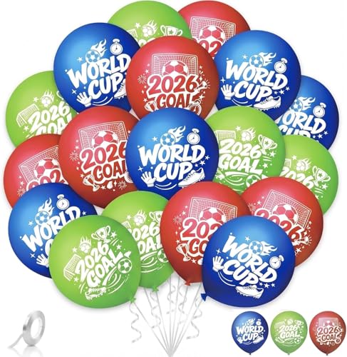 AhfuLife 36 PCS World Cup Decorations Balloons 2026 12 Inches Large World Cup Balloons for Soccer Games Latex Red Blue Green with 1 Rolls Ribbons for Bar Party Supplies