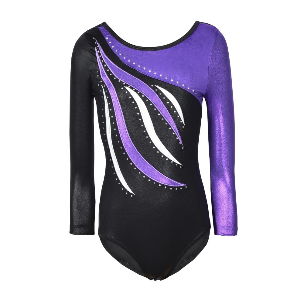 MORESAVE Gymnastics Leotards for Girls, Sparkle Shiny Embroidery Long Sleeve Leotard, Kids Gymnastic Ballet Dance Leotards One Piece Practice Outfits