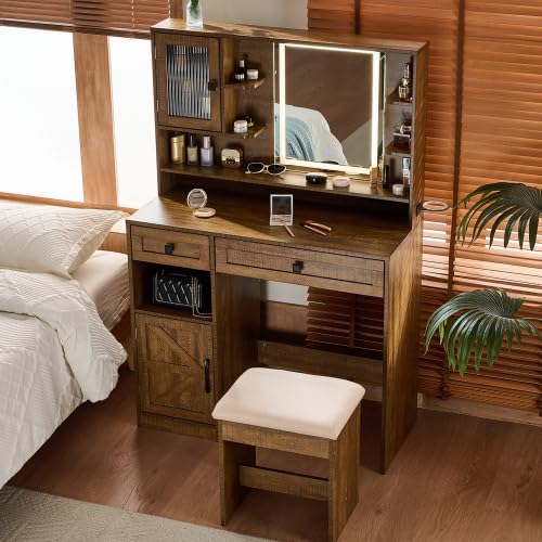 Kaireey Farmhouse Makeup Vanity Desk with LED Mirror & Charging Station, Dressing Table Set with Stool, Drawers & Shelves, Complete Storage System with Side Cabinet, Rustic Brown