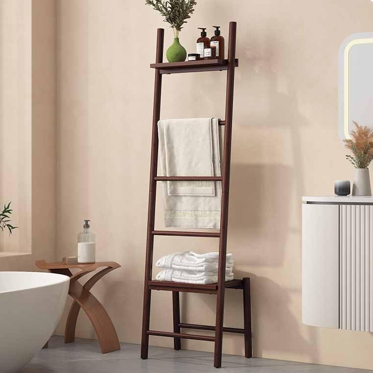 Toalleros de pie de bambú con 5 niveles y estructura trapezoidal para baño de 65 pulgadas