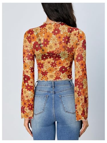 Verdusa Women's Bell Sleeve Lettuce Trim Mock Neck Floral Mesh Top Crop T Shirt2