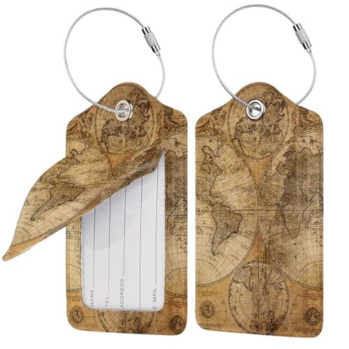 2 Pack Luggage Tags Nautical Old Map World Suitcase Leather Privacy Cover Id Label with Stainless Steel Loop for Women Men Travel4