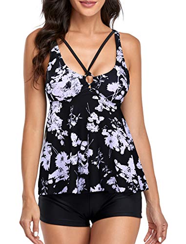 Tankini Traje de Baño Mujer Dos Piezas Volantes Bañador Correa Halter Impresión Vestido Pantalones Cortos Conjuntos (Negro/Blanco Flor L)