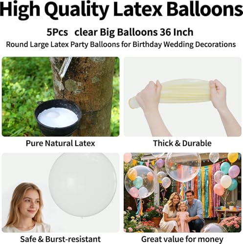 Image of 5Pcs Clear Big Balloons 36 Inch, Round Large Latex Party Balloons for Birthday Wedding Decorations. (Clear)