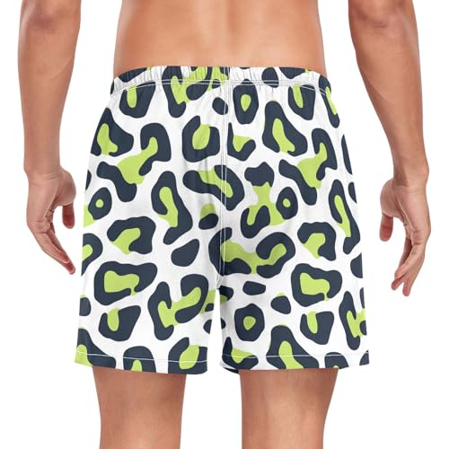 Leopard Print Lime Green and Navy Blue Men Swim Trunks Men 2 Layer Swimming Suit Phone Pocket Lightweight S2