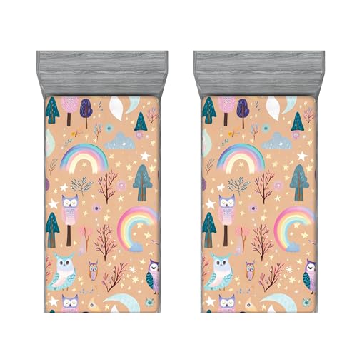 Ambesonne Fantasy 2 Pack Fitted Sheet, Dream Rainbow Starry Jungle, Bed Cover All-Round Elastic Deep Pockets 2 Pieces, Package Contains 2 Twin XL Size Fitted Sheets, Dark Peach Multicolor