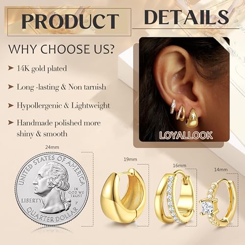 LOYALLOOK 3Pairs Gold Hoop Earrings Set for Women Trendy Huggie Hoop Earrings Stacks for Multiple Piercing 14K Gold Plated Chunky Hoop Earrings Set Hypoallergenic Cartilage Earring Lightweight3