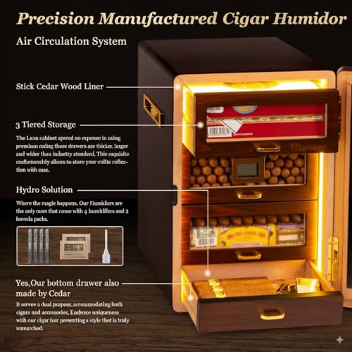 Desktop Cigar Humidor Cabinet Triple-Sided Light with Digital Hygrometer, Humidifier and Humidity Packs. 4 Ceder Wood Drawers, Cigar Humidor Box can Hold 200 Cigars. Present for Men