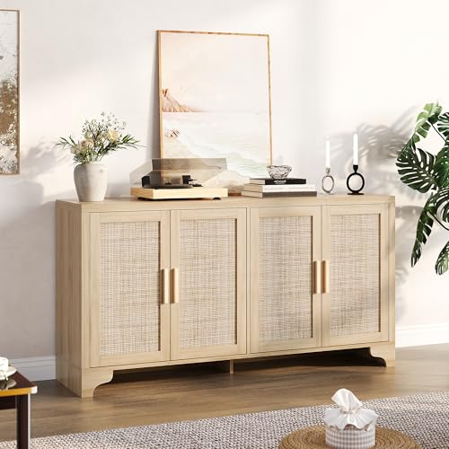 GarveeHome 4-Door Sideboard Buffet Cabinet, Natural Rattan Storage Cabinet, Boho Entryway Console Table, Coffee Bar Station for Dinning Room, Living Room, Kitchen