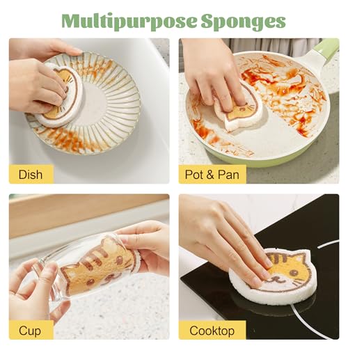 Image of JOYMOOP Cartoon Kitchen Sponge, Cellulose Sponges for Cleaning, 4 Pack Non-Scratch Sponges for Dishes, Reusable Sponge for Household Cleaning - Kitten Pattern