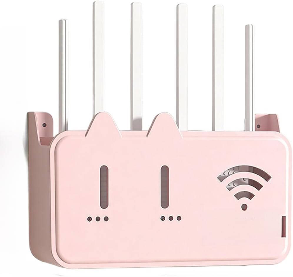 Wall Mounted Router Holder, ABS No Drill Installation WiFi Shelf with Ventilation Slots and Dual Cable Holes for TV Box and Modem Storage Organizer(Pink)
