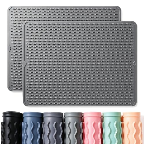 Image of 2 Pack Caketime Silicone Dish Drying Mat for Kitchen Counter Coffee Bar Accessories Heat Resistant Waterproof Dining Under Sink Organizers Dog food mat Must Haves Extra Large 24 inchx18 inch Gray