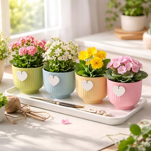 Image of Xtore Charming Pastel Ceramic Planter Set of 4 with Hanging Heart Accent | Ribbed Textured Indoor Pots for Succulents, Desk, Shelf & Home Decor (Pack of 4, Planters only)
