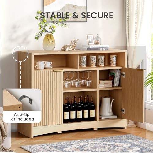 Amada Coffee Bar Cabinet with Wine Glass Rack, 47.2" Buffet Sideboard with Adjustable Shelves, Storage Cabinet for Kitchen,Entryway,Dining Room, Home Bar, Holds 200 lbs, Soft-Close Hinges,Natural Oak - Image 4
