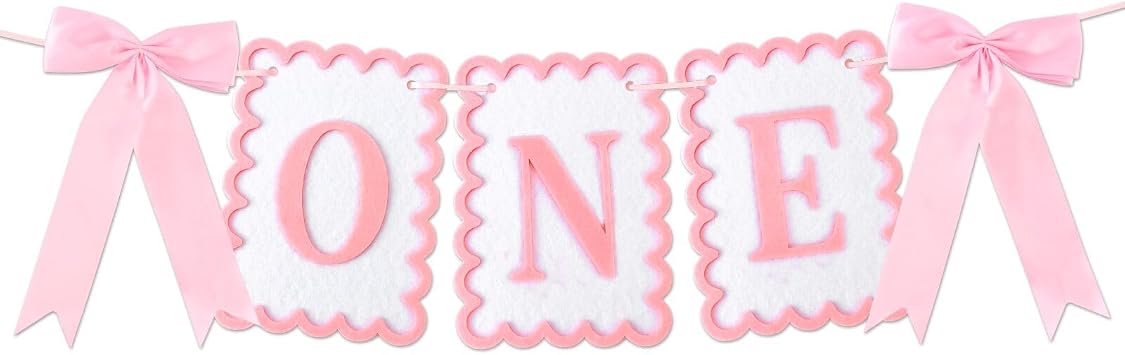 Bow Highchair Banner for 1st Girls Birthday Decoration, Pink and White One Birthday Banner for Party Decor Photo PropsPre-Strung