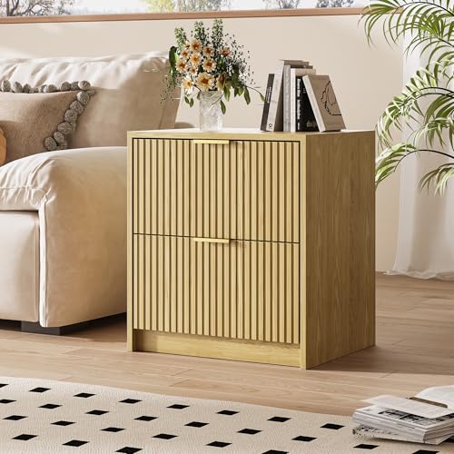 Image of Fluted Nightstands Set of 2 with 2 Drawers, 19.6 inch Modern Storage Bedside Table with Golden Metal Handles, Nature