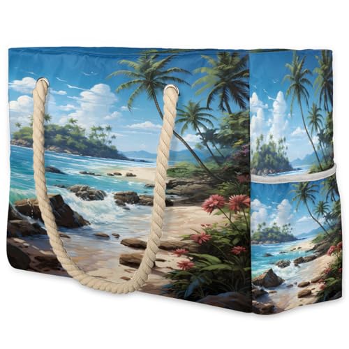 Palm Trees Beach Scenery Large Beach Bag Waterproof Beach Bag for Women Oversized Sandproof Beach Tote Bag with Zipper for Gym Travel Daily Pool Bag Big Tote