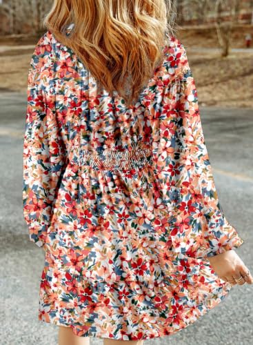 Image of Dokotoo Womens Dresses Boho Floral V Neck Long Sleeve Smocked Elastic Waist Casual A-Line Mini Dress Sundress