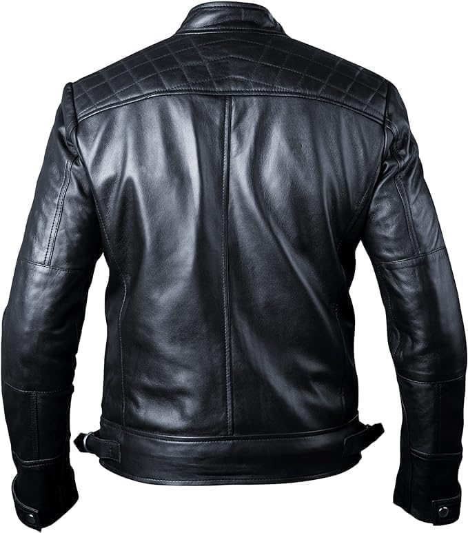Image of TLC Mens Leather Jacket | Sheepskin Quilted Shoulders Bold Biker Cafe Racer Style Leather Jacket Men