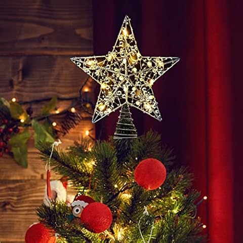 Weihnachtsbaum Sterne, 25 cm Stern Weihnachtsbaumspitze, Metall Design Glitzerte 20 LED Lichter Weihnachtsbaum Sterne Cover