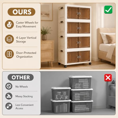 Image of KRISHYAM 4-Layer Plastic Storage Cabinet with 4 Translucent Doors & Caster Wheels, Multipurpose Clothes Organizer for Bedroom, Kids Room, Bathroom & Home, 141 x 67 x 37 cm (Black & White)