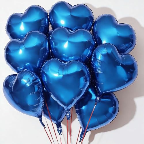 10pcs Blue Heart Shaped Mylar Balloons - 18 Inch, For Baby Shower, Wedding, Valentine's Day & Parties