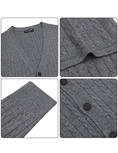 Kallspin Men's Cardigan Sweater Wool Blend Cable Knit V Neck Buttons Cardigan With Pockets(Light Grey, X-Large) #TOP6