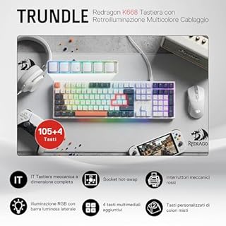 Redragon K668 RGB Tastiera Gaming - Meccanica Cablate con 109 Tasti, 4 Tasti Extra, Schiuma Fonoassorbente, Socket Hot-Swappable, Interruttori Rossi, QWERTY Layout Italiano