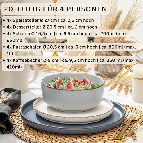 SÄNGER Bombay Moonlight | Kombiservice 20 teilig, Steingut Geschirr 4 Personen, 4x Speiseteller 4x Dessertteller 4x Schalen 4x Pastateller 4x Kaffeebecher, Teller Set bunt | VALUE COLLECTION