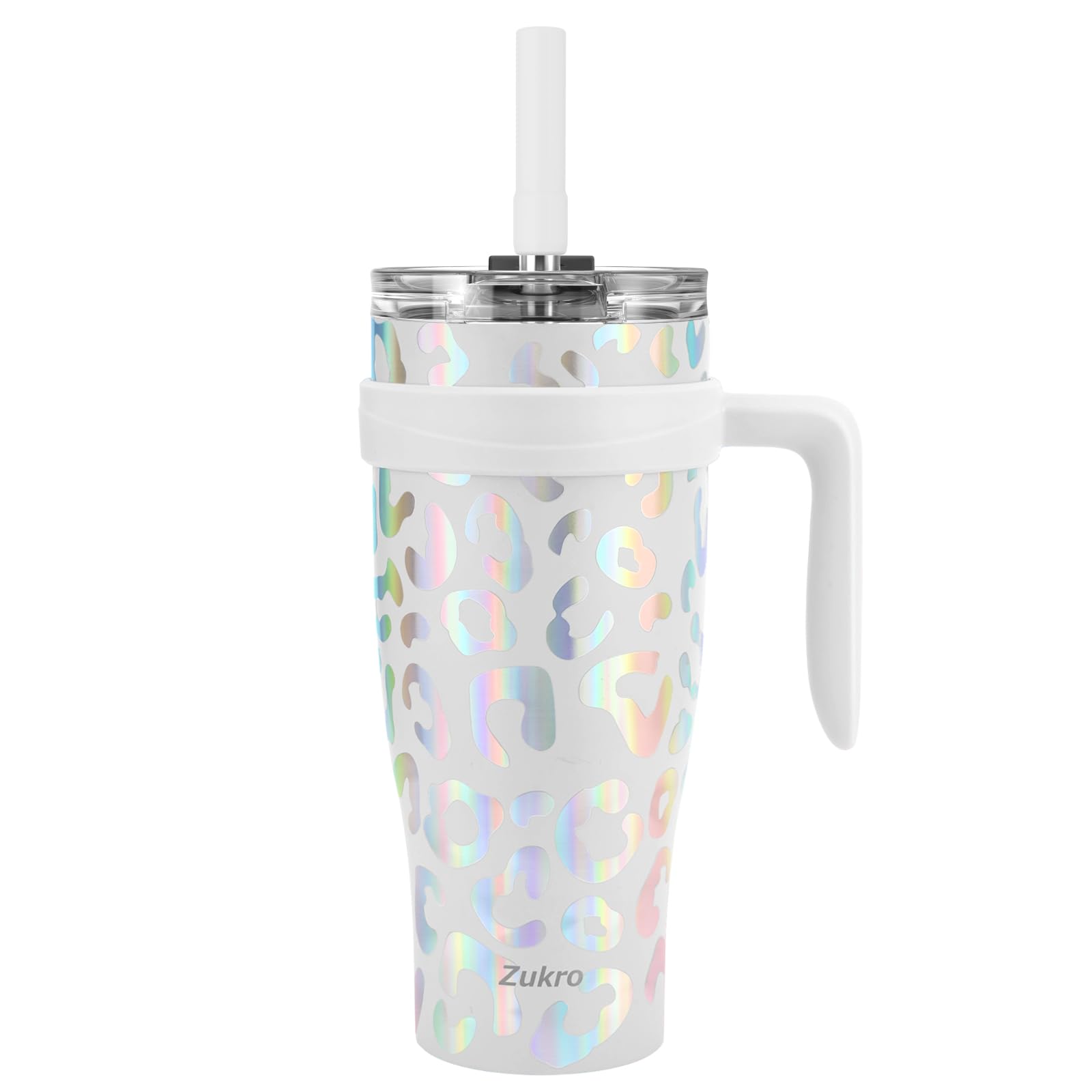 40 oz Tumbler with Handle and Straw, Double Wall Stainless Steel Insulated Cup with Screw on 2-in-1 Lid, 100% Leak Proof, No Sweat, Keep Drinks Cold 24 Hours - White Leopard